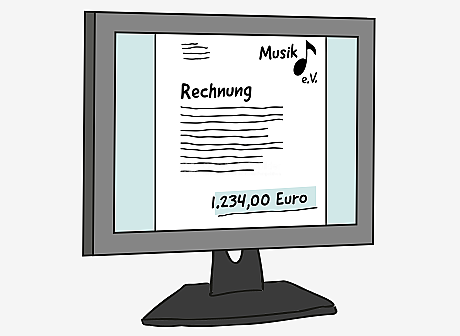 Auf einem Computer-Bildschirm ist ein Dokument abgebildet. Darauf steht groß: Rechnung. Darunter sind Wellen-Linien als Text. Oben links im Dokument sind Wellen-Linien als Anschrift. Oben rechts steht: Musik e.V., mit einem Noten-Symbol. Am unteren Rand steht grün hervorgehoben: 1.234,00 Euro. 