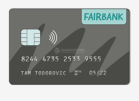 Vorderseite einer Kredit-Karte mit dem Logo der Fairbank, einem Speicher-Chip, dem wellenförmigen RFID-Symbol für kontaktloses Bezahlen und hochgeprägter Schrift. Die Kredit-Karte ist ausgestellt auf Tam Todorovic und gültig bis 05/22. Die Nummer der Kreditkarte ist: 8244 4735 2533 9555. 
